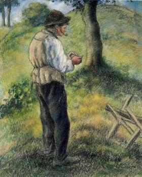 Camille Pissarro : Pere Melon Lighting His Pipe